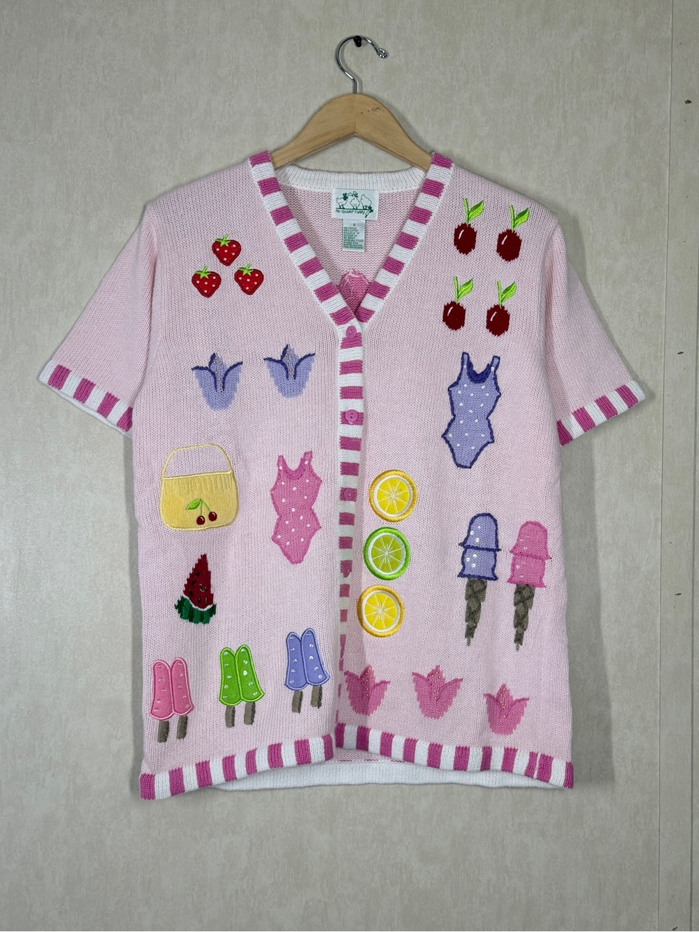 Quacker Factory Ramie Embroidered Novelty Ice Cream Sweater Cardigan in Pink S